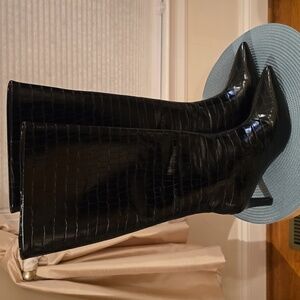 WORTHINGTON WOMEN'S BLACK PATENT LEATHER SNAKESKIN  HIGH ZIP BOOTS SIZE 6